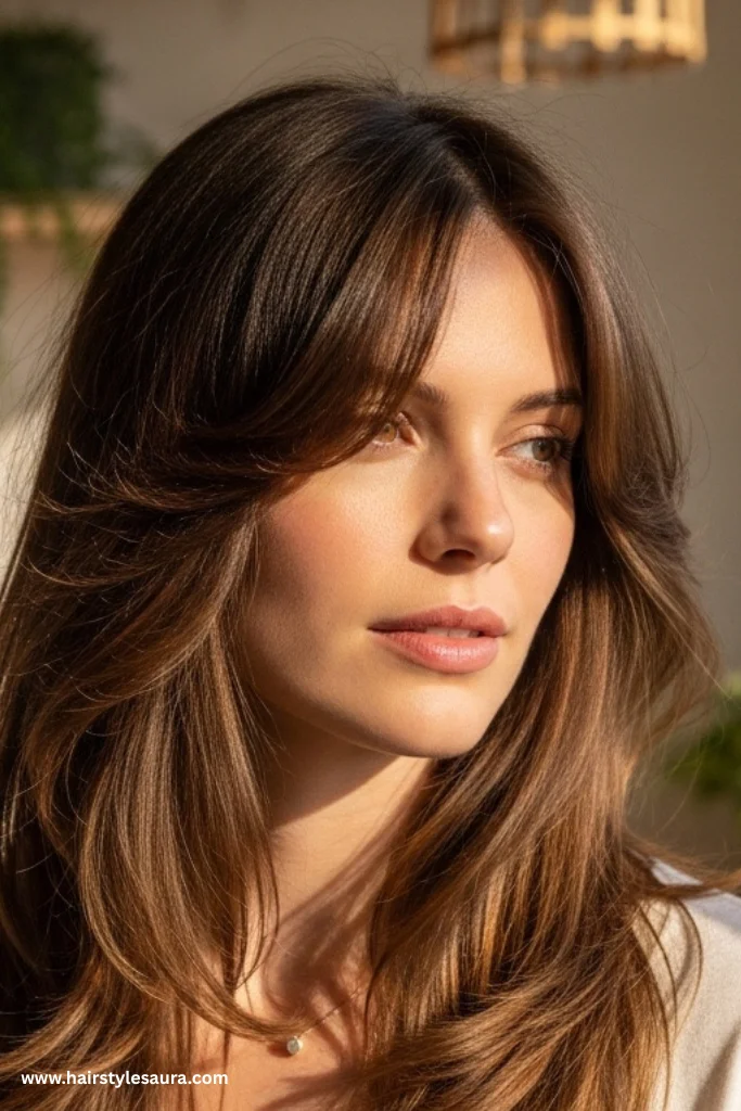 11 Best hairstyle cut for round face That Flatter Instantly 2 Long Layers with Side Bangs
