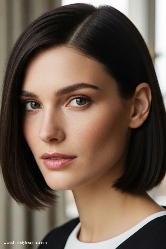 12 Refined Old Money Bob Brunette Haircut Ideas for 2025 2 Sleek Chin-Length Bob
