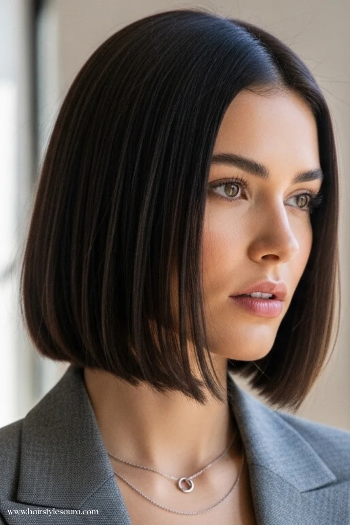 12 Refined Old Money Bob Brunette Haircut Ideas for 2025 11 Jaw-Length Bob with Gloss Finish