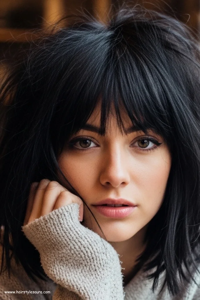 10 Bold Black Wolf Cut with Bangs Styles You’ll Want to Try 11 Messy Black Wolf Cut with Long Bangs
