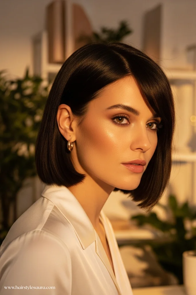12 Refined Old Money Bob Brunette Haircut Ideas for 2025 13 Bob with Side-Swept Fringe