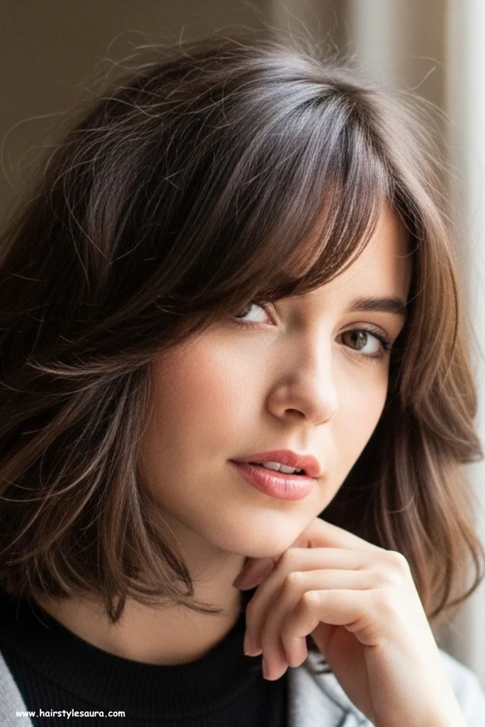 10 Layered Haircut Ideas for Round Face That Flatter Instantly 3 Layered Lob with Side Bangs