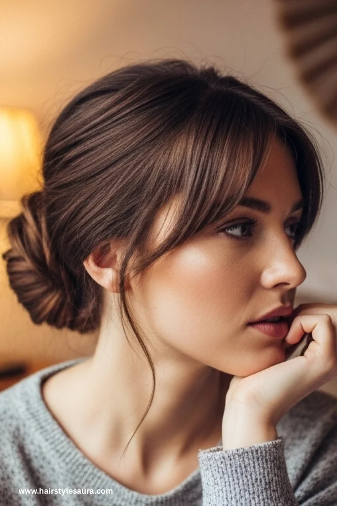 11 Cute Hairstyles for Medium Hair That Are Super Easy and Stylish 3 Messy Low Bun with Side Bangs
