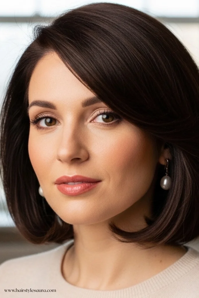 12 Refined Old Money Bob Brunette Haircut Ideas for 2025 3 Soft Layered Bob with Side Part