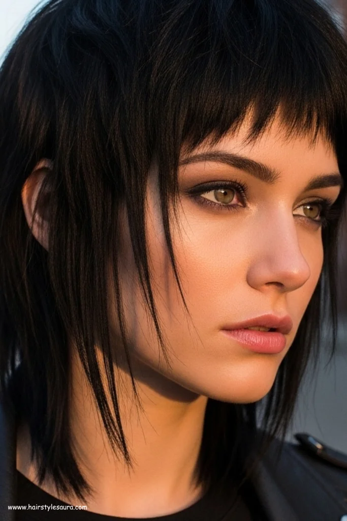 10 Bold Black Wolf Cut with Bangs Styles You’ll Want to Try 3 Textured Jet-Black Wolf Cut with Choppy Fringe