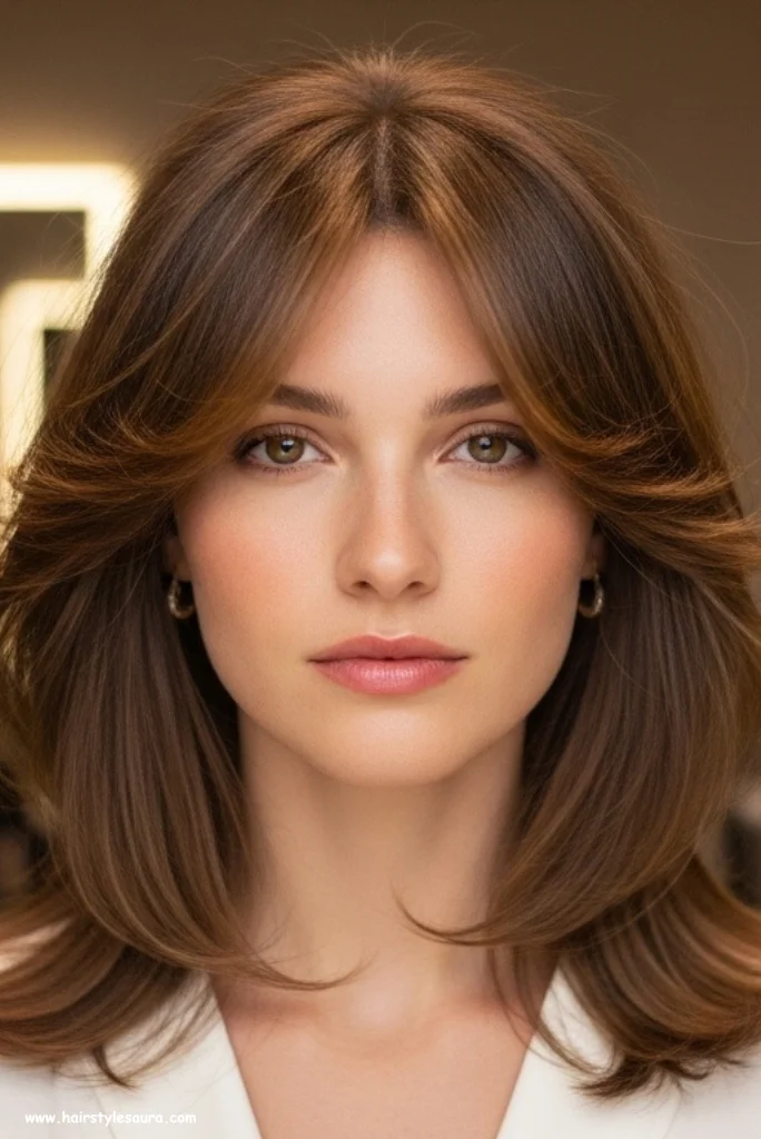10 Layered Haircut Ideas for Round Face That Flatter Instantly 4 Feathered Layers with a Middle Part