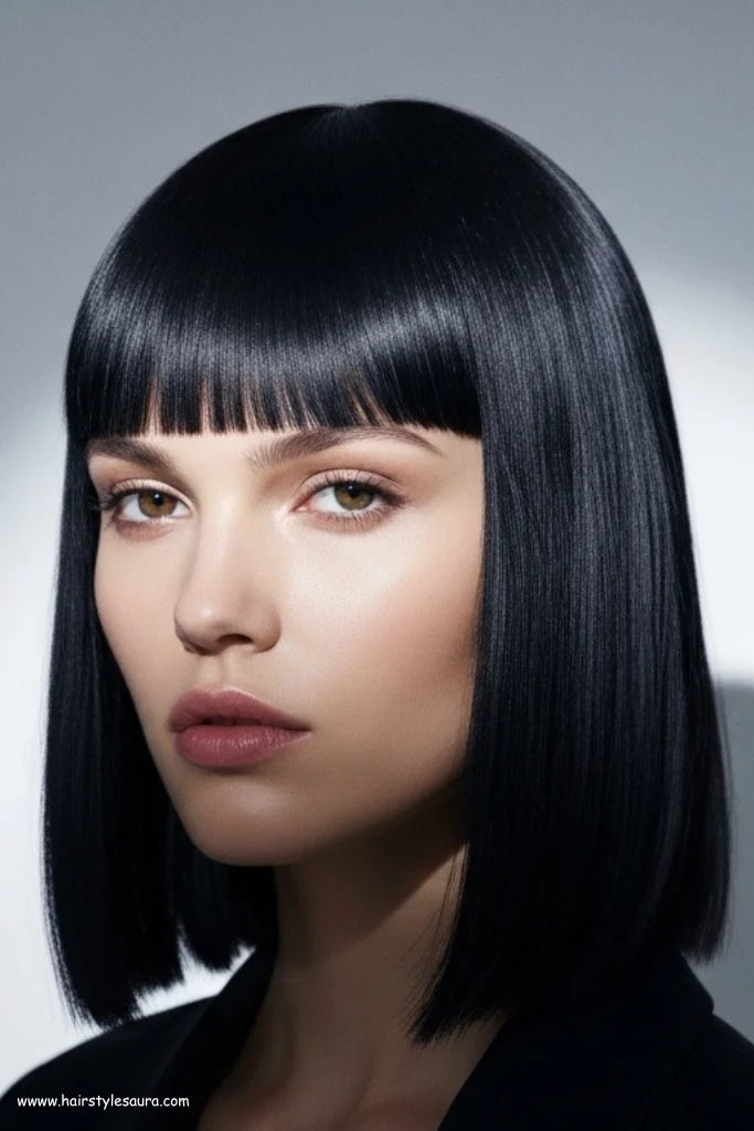 10 Bold Black Wolf Cut with Bangs Styles You’ll Want to Try 4 Sleek Black Wolf Cut with Straight Bangs