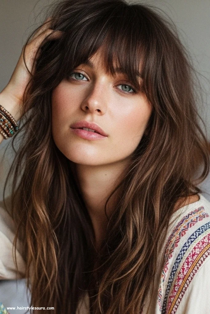 10 Layered Haircut Ideas for Round Face That Flatter Instantly 6 Long Shag with Curtain Bangs