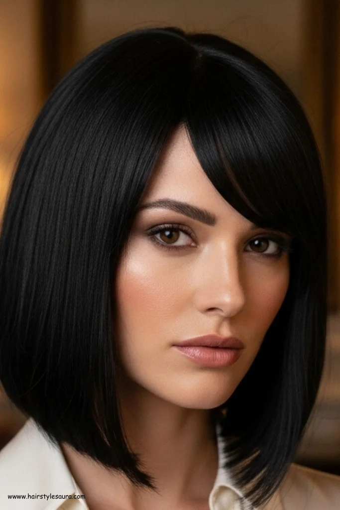 10 Bold Black Wolf Cut with Bangs Styles You’ll Want to Try 8 Shiny Black Wolf Cut with Side-Swept Bangs