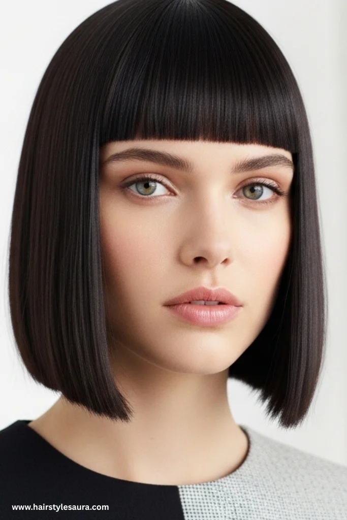 11 Best hairstyle cut for round face That Flatter Instantly 9 Blunt Cut with Side Part