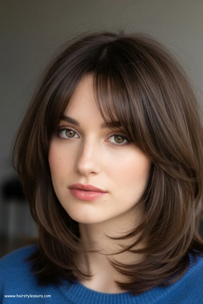 10 Bold Black Wolf Cut with Bangs Styles You’ll Want to Try 9 Layered Shoulder-Length Wolf Cut with Arched Bangs