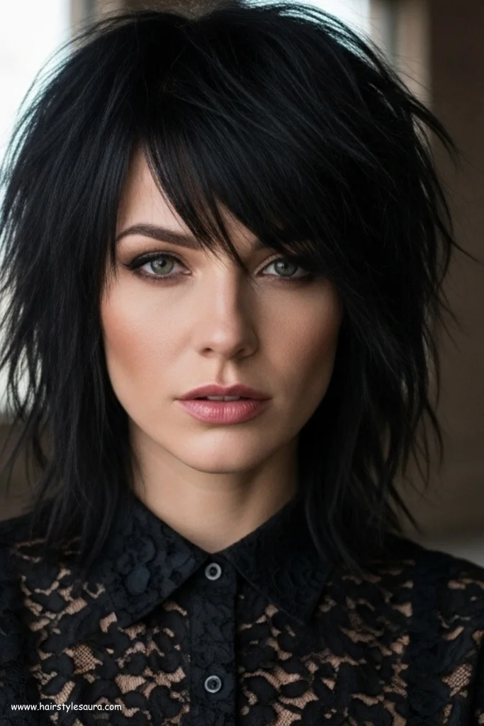 10 Bold Black Wolf Cut with Bangs Styles You’ll Want to Try 10 Edgy Black Wolf Cut with Asymmetrical Bangs
