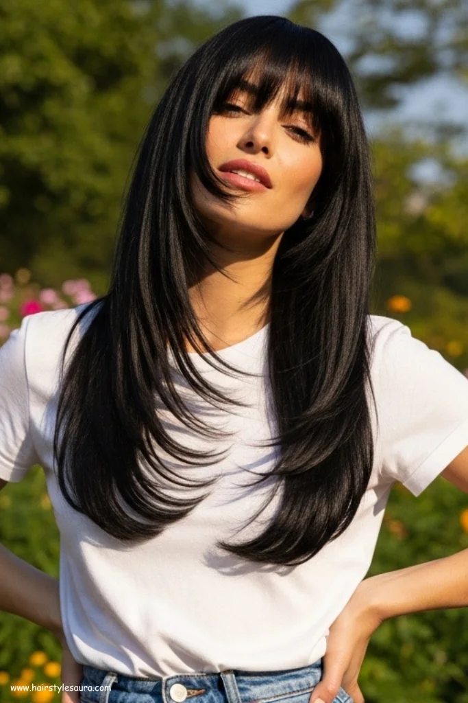10 Kitty Cut Styles for Long Hair 7 Long Kitty Cut with Side-Swept Bangs