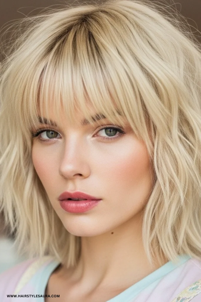 Short Wolf Cut with Bangs – Trendy & Wild Feminine Vibes 10 Blonde Wolf Cut with Textured Bangs