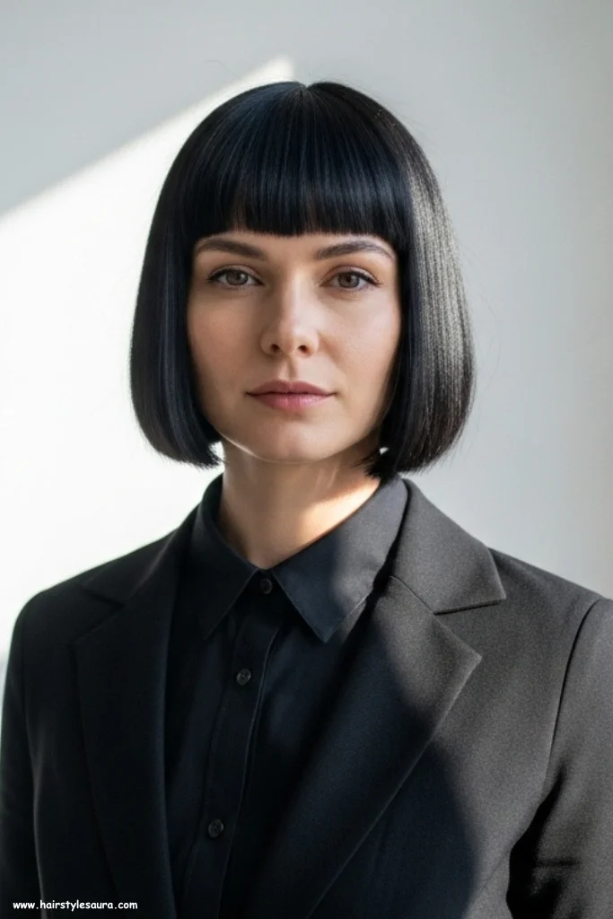12 Stunning Short Wolf Cut with Curtain Bangs Hairstyles to Try Today 3 Blunt Short Wolf Cut with Sleek Curtain Bangs