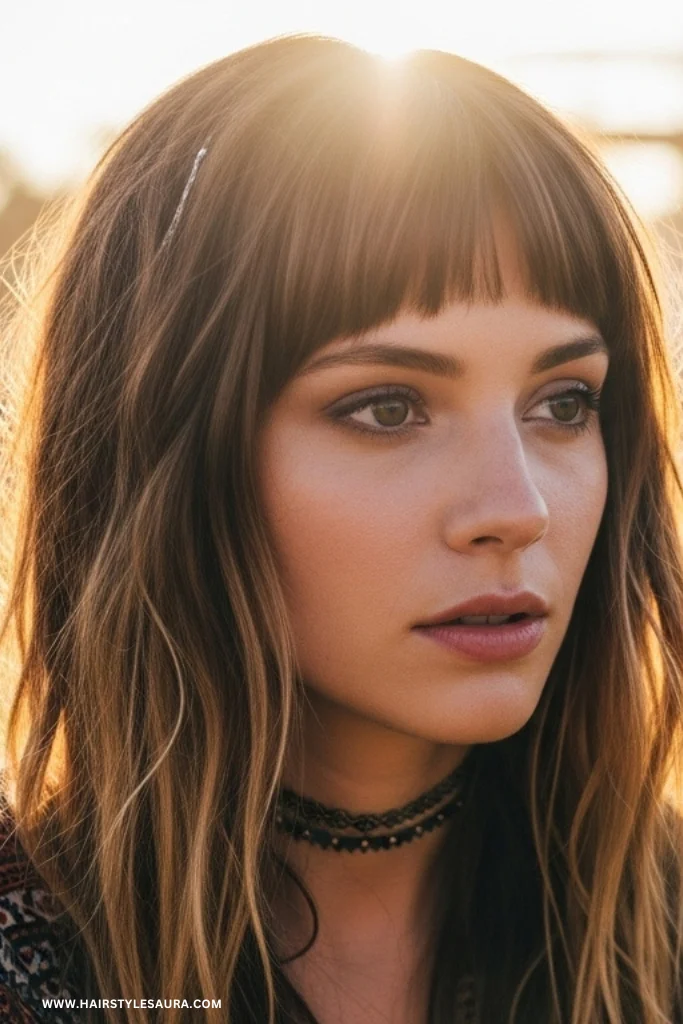 Short Wolf Cut with Bangs Wavy Hair – Wild Texture Meets Feminine Flow 14 Boho Wolf Cut with Baby Bangs