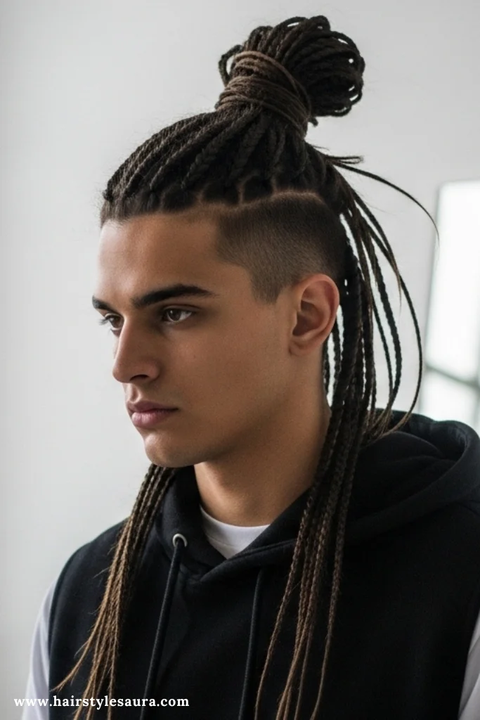 14 Bold Long Hair Braided Hairstyles for Men That Demand Attention 4 Braided Man Bun