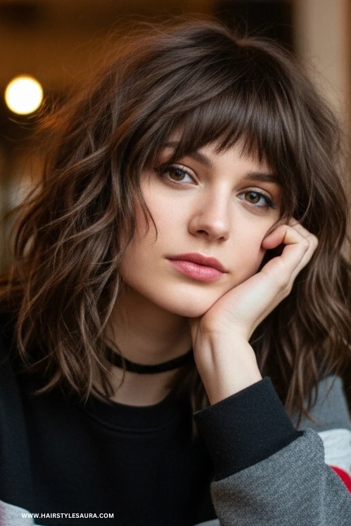 Short Wolf Cut with Bangs Wavy Hair – Wild Texture Meets Feminine Flow 8 Choppy Wolf Cut with Textured Wavy Bangs