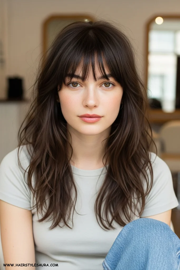 13 Best Long Wolf Cut With Bangs Ideas for 2025 2 Classic Long Wolf Cut with Wispy Bang