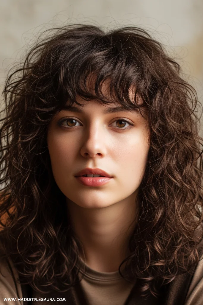 13 Best Long Wolf Cut With Bangs Ideas for 2025 6 Curly Long Wolf Cut with Soft Bangs