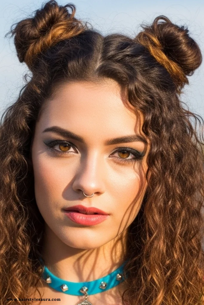 12 Cute Curly Hairstyles That’ll Make You Love Your Curls Even More 3 Half-Up Space Buns