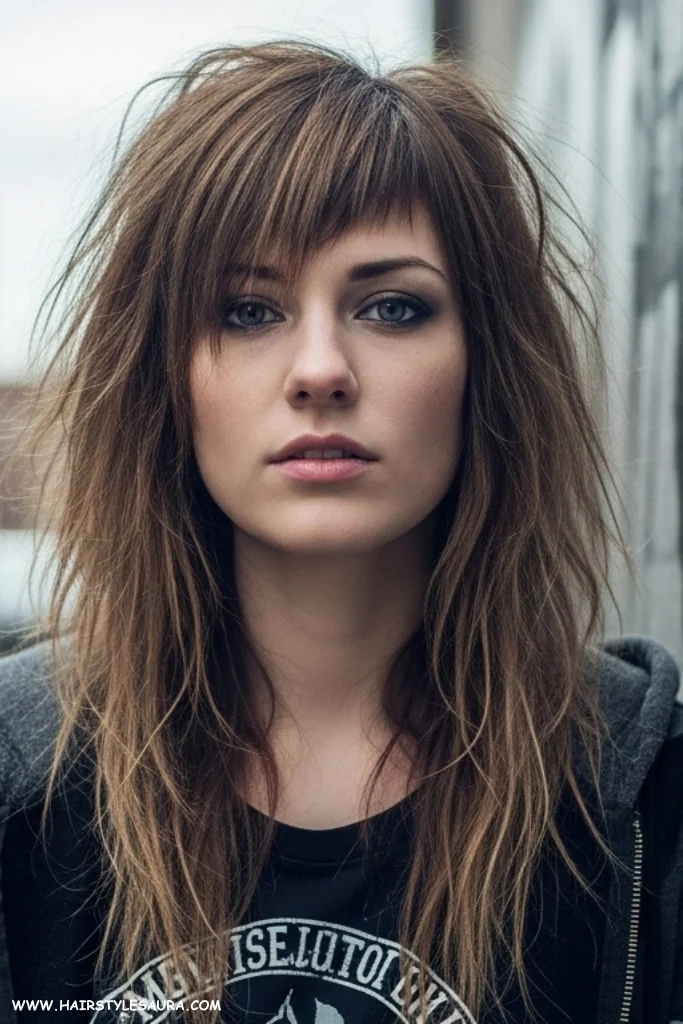 13 Best Long Wolf Cut With Bangs Ideas for 2025 8 Messy Long Wolf Cut with Choppy Bangs
