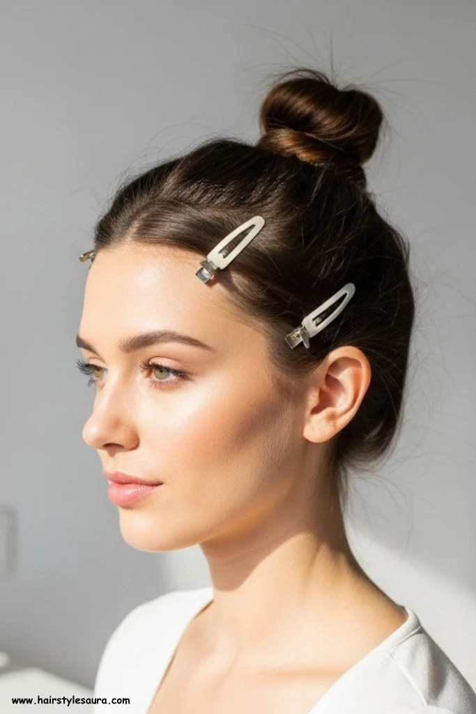 15 Quick and New Cute Hairstyles for Girls to Do in Minutes 10 Mini Top Knot with Side Clips