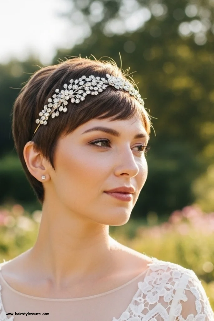 12 Gorgeous Bridal Hairstyles Short Hair for Modern Brides 4 Pixie Cut with Jeweled Headband