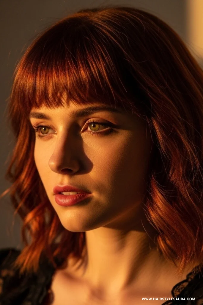 Short Wolf Cut with Bangs – Trendy & Wild Feminine Vibes 13 Red Toned Wolf Cut with Wispy Fringe