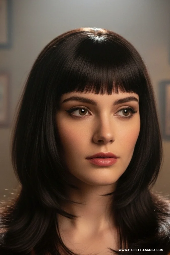 Short Wolf Cut with Bangs – Trendy & Wild Feminine Vibes 14 Retro-Inspired Wolf Cut with Blunt Bangs