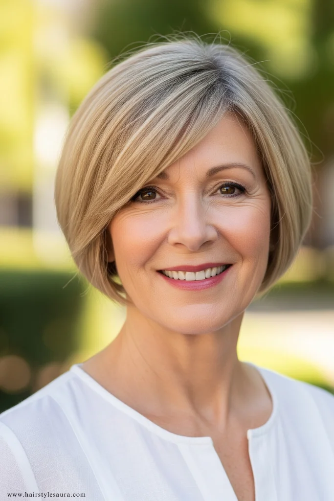 Top 10 Short Hairstyles For Thin Hair Over 50 3 Short Bob with Side-Swept Bangs