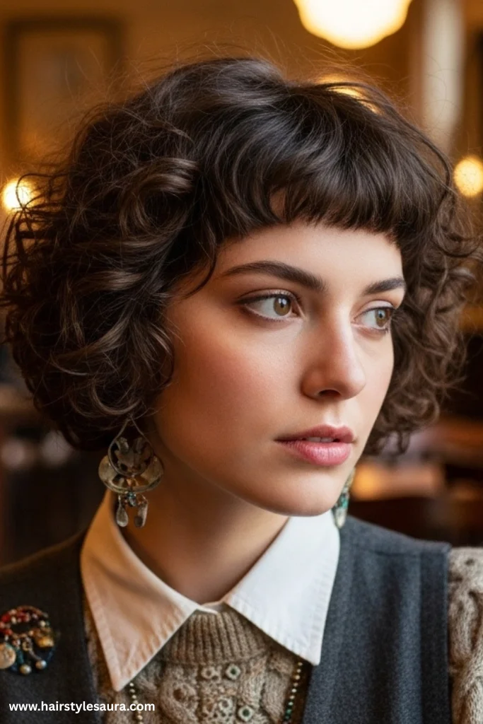 12 Trendy Ideas for Short Shaggy Hair with Bangs 5 Short Curly Shag with Micro Bangs