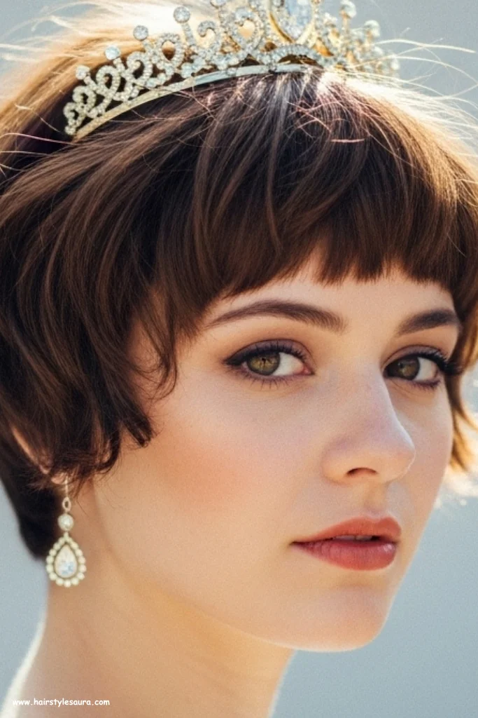 12 Gorgeous Bridal Hairstyles Short Hair for Modern Brides 8 Short Shaggy Waves with a Crown