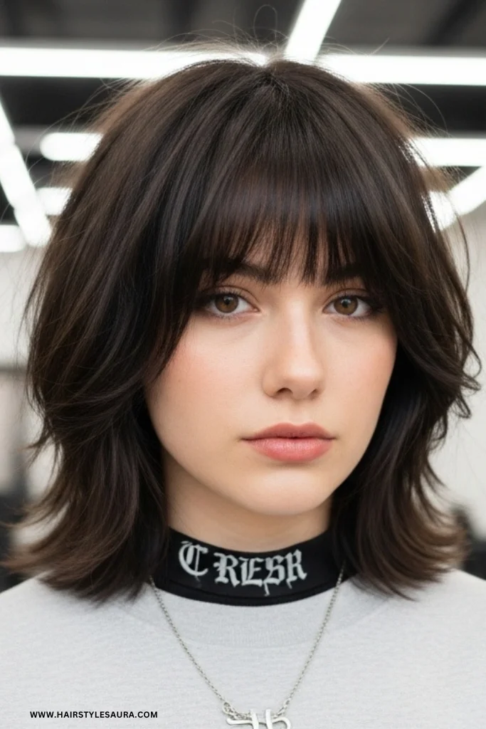 Short Wolf Cut with Bangs Wavy Hair – Wild Texture Meets Feminine Flow 9 Short Wolf Cut with Curtain Bangs and Layers