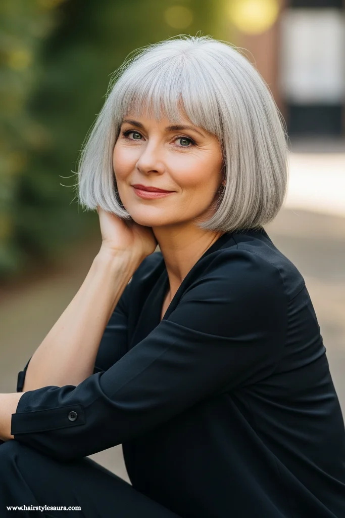 15 Stylish Short Hairstyles for Women Over 50 8 Silver Bob with Fringe