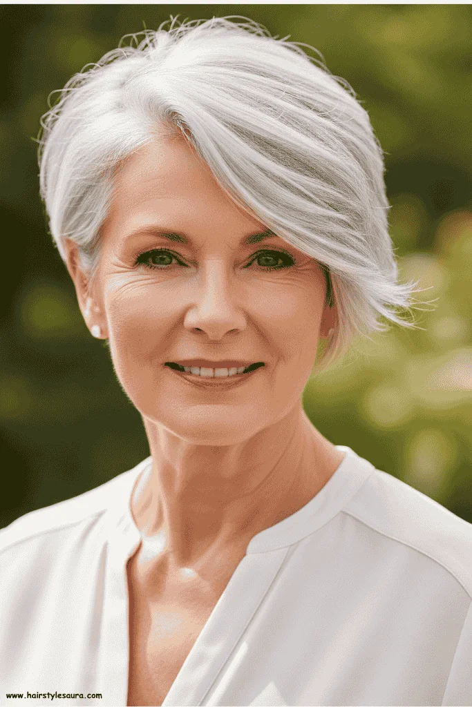Flattering Short Hair Ideas for Women Over 60 8 Silver Pixie with Side Sweep