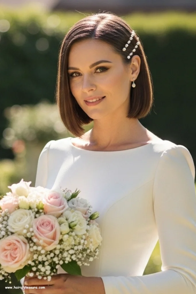 12 Gorgeous Bridal Hairstyles Short Hair for Modern Brides 7 Sleek Bob with Pearl Pins