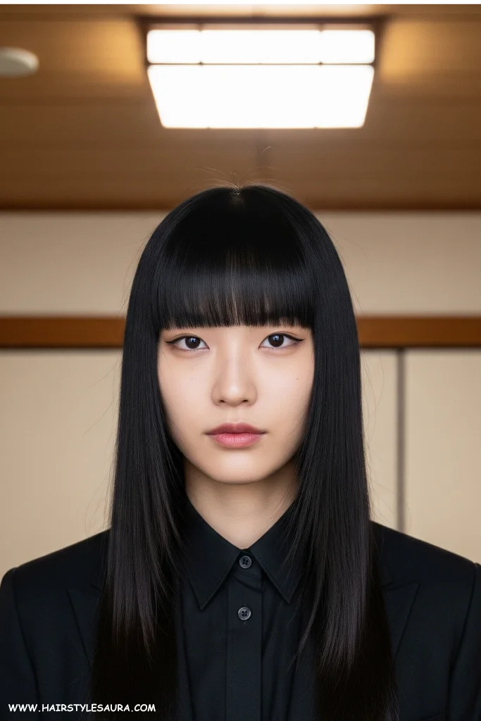 13 Best Long Wolf Cut With Bangs Ideas for 2025 9 Straight Long Wolf Cut with Full Fringe