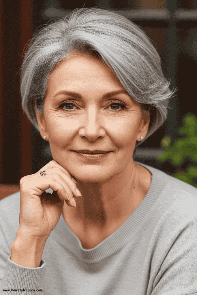 Flattering Short Hair Ideas for Women Over 60 7 Chin-Length Bob with Bangs