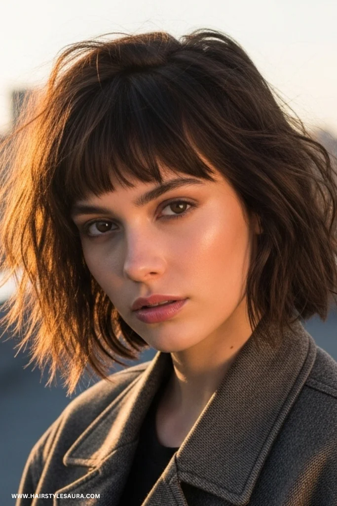 Short Wolf Cut with Bangs – Trendy & Wild Feminine Vibes 3 Textured Wolf Cut with Curtain Bangs
