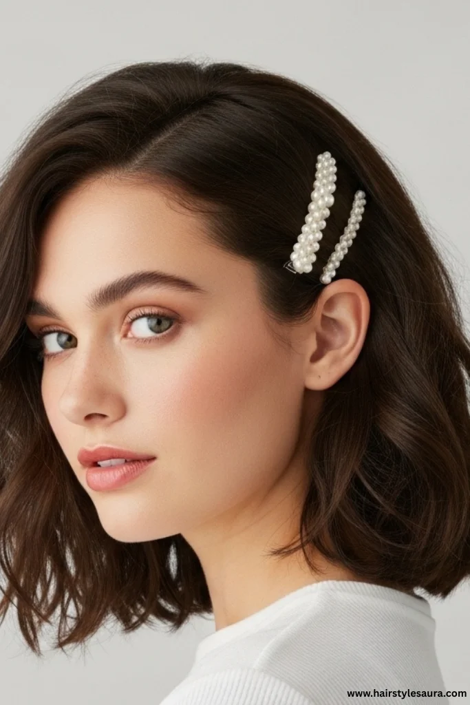 Wedding Hairstyles for Short Hairs: 12 Elegant Looks for Your Big Day 12 Tousled Bob with Pearl Clips