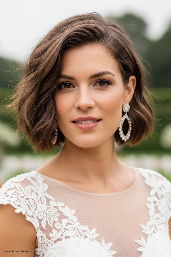 12 Gorgeous Bridal Hairstyles Short Hair for Modern Brides 11 Tousled Short Bob with Statement Earrings