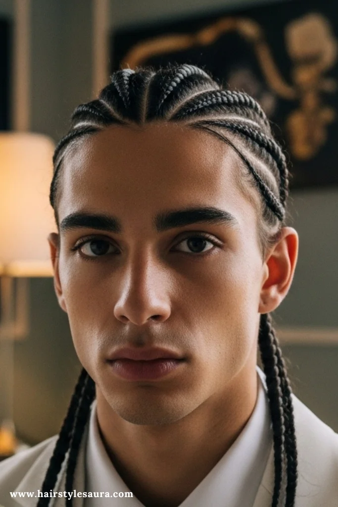 14 Bold Long Hair Braided Hairstyles for Men That Demand Attention 6 Triangle Part Box Braids