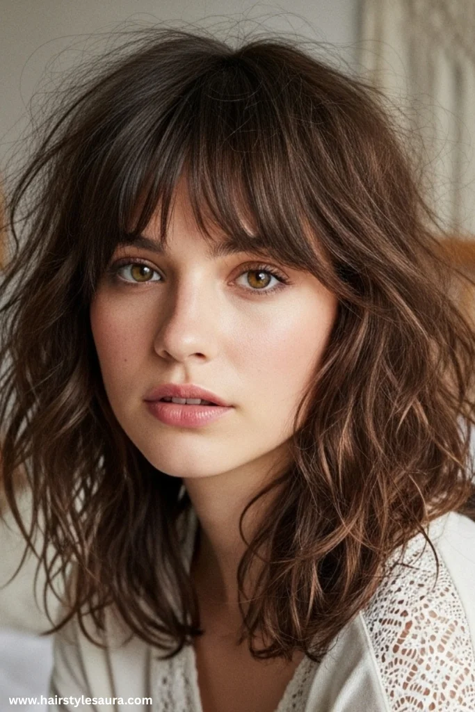12 Trendy Ideas for Short Shaggy Hair with Bangs 4 Wavy Shag with Wispy Bangs