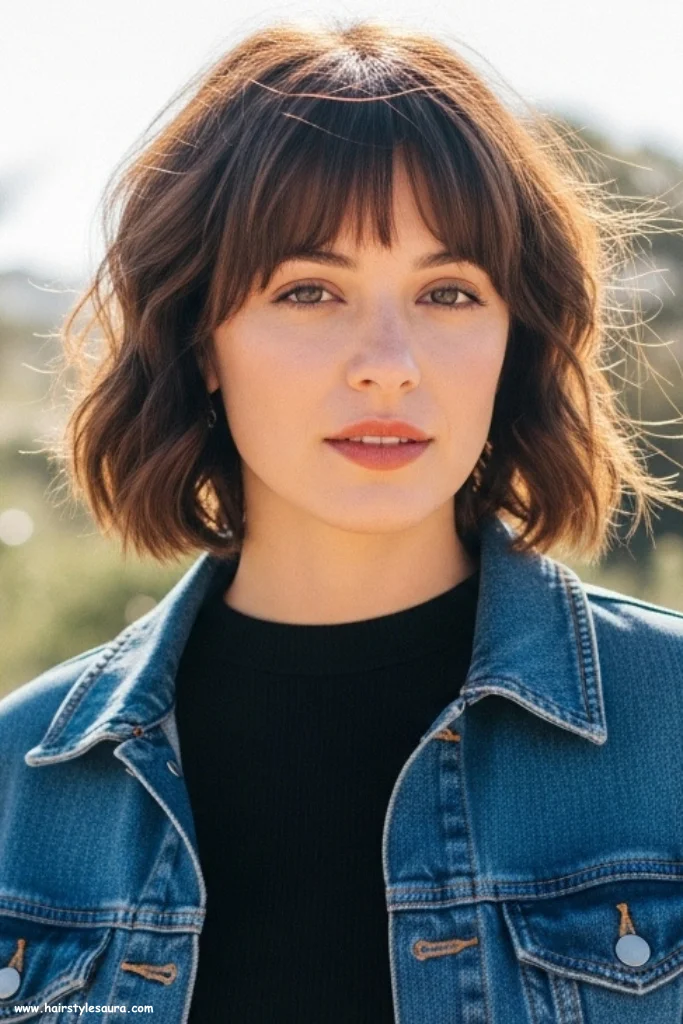 12 Stunning Short Wolf Cut with Curtain Bangs Hairstyles to Try Today 6 Wavy Short Wolf Cut with Parted Curtain Bangs