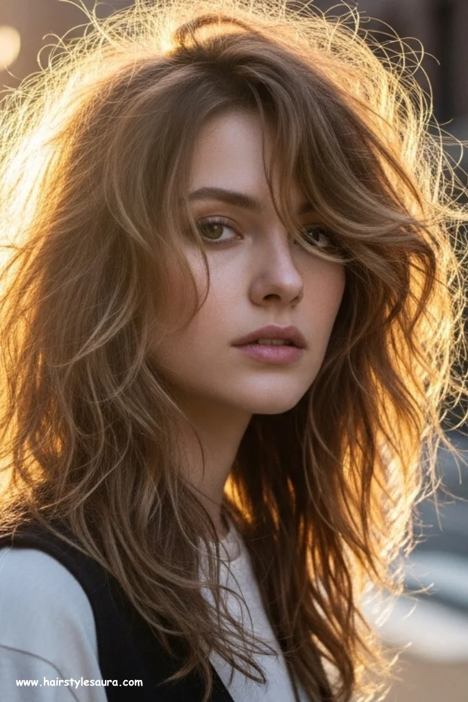 11 Stylish Long Wolf Cut Without Bangs Ideas for Bold Looks 3 Wavy Wolf with Tousled Volume