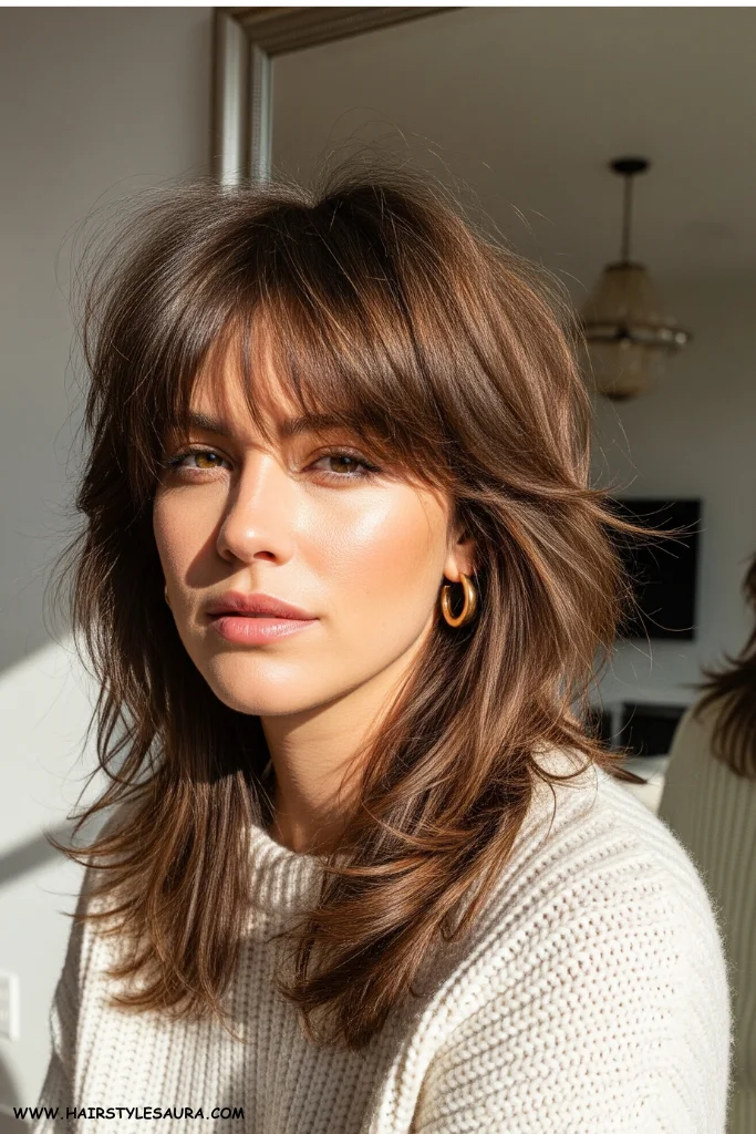 13 Best Long Wolf Cut With Bangs Ideas for 2025 12 Wolf Cut with Long Bangs and Face-Framing Layers