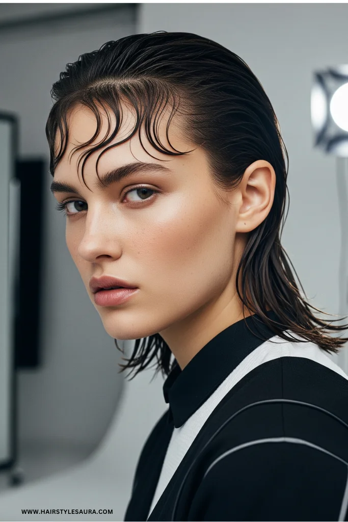Short Wolf Cut with Bangs Wavy Hair – Wild Texture Meets Feminine Flow 7 Wolf Cut with Wet-Look Finish