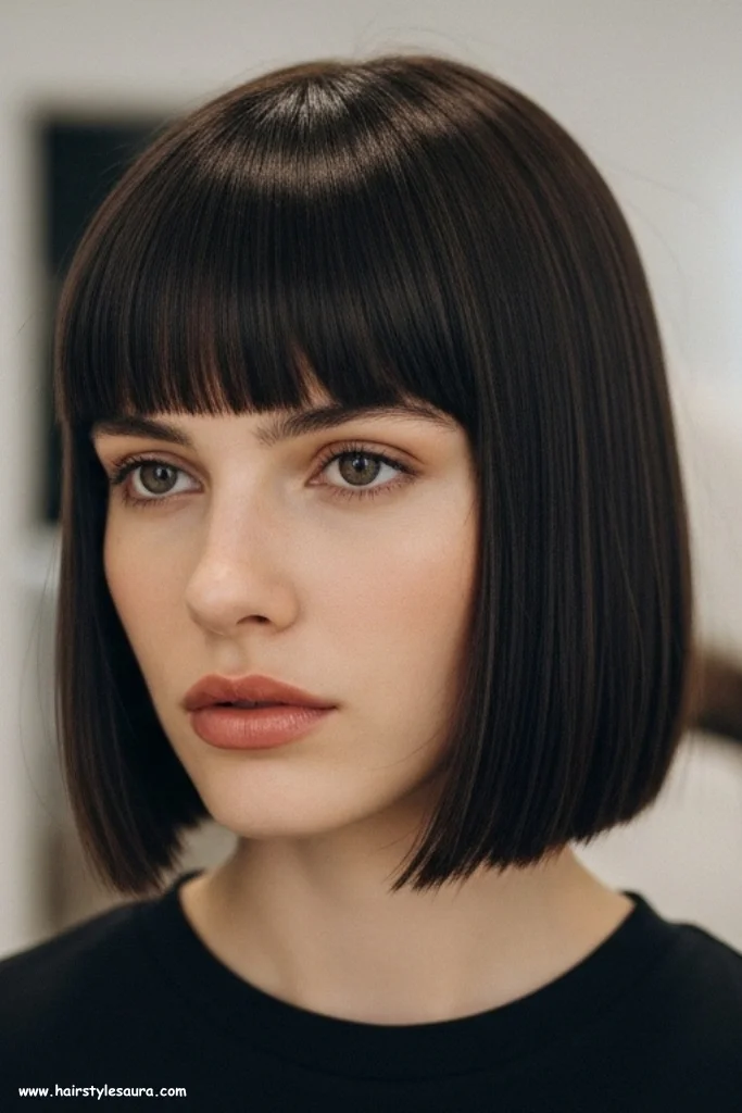 10 Stylish Ear Length Haircuts with Bangs Ideas for Women 2 Blunt Bob with Straight Bangs