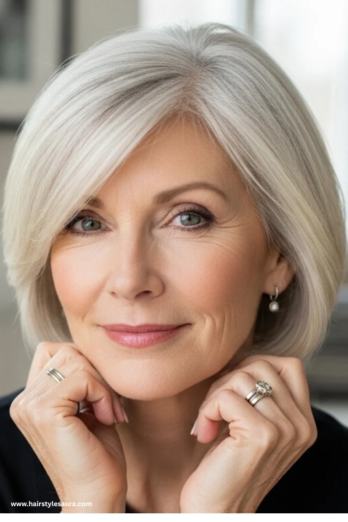 12 Hairstyles for Women Over 50 with Thin Hair 2 Classic Bob with Side Bangs